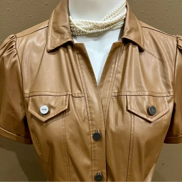 PAIGE Amina Faux-Leather Short-Sleeve Button-Front Mini Dress Size Medium - Picture 3 of 5